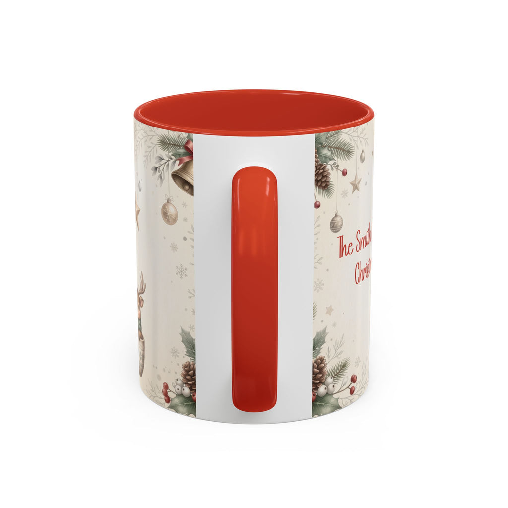 Red personalized Reindeer Teacup mug, 11oz, handle view