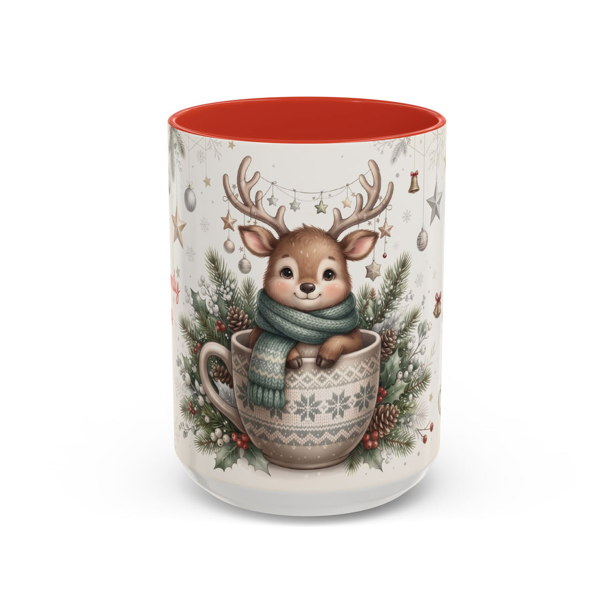 Red personalized Reindeer Teacup mug, 15oz, front view