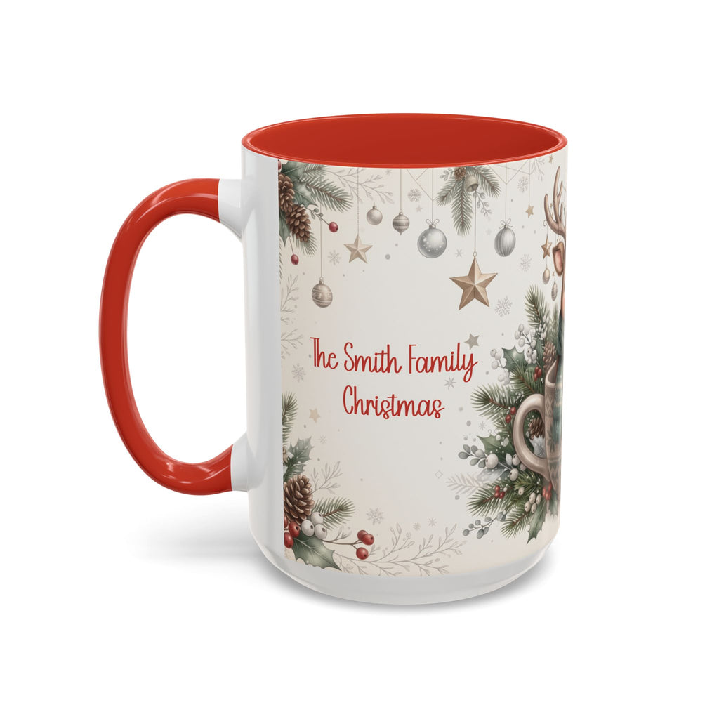 Red personalized Reindeer Teacup mug, 15oz, side view with handle on the left