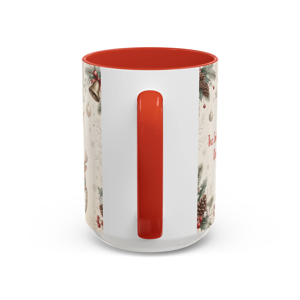 Red personalized Reindeer Teacup mug, 15oz, handle view