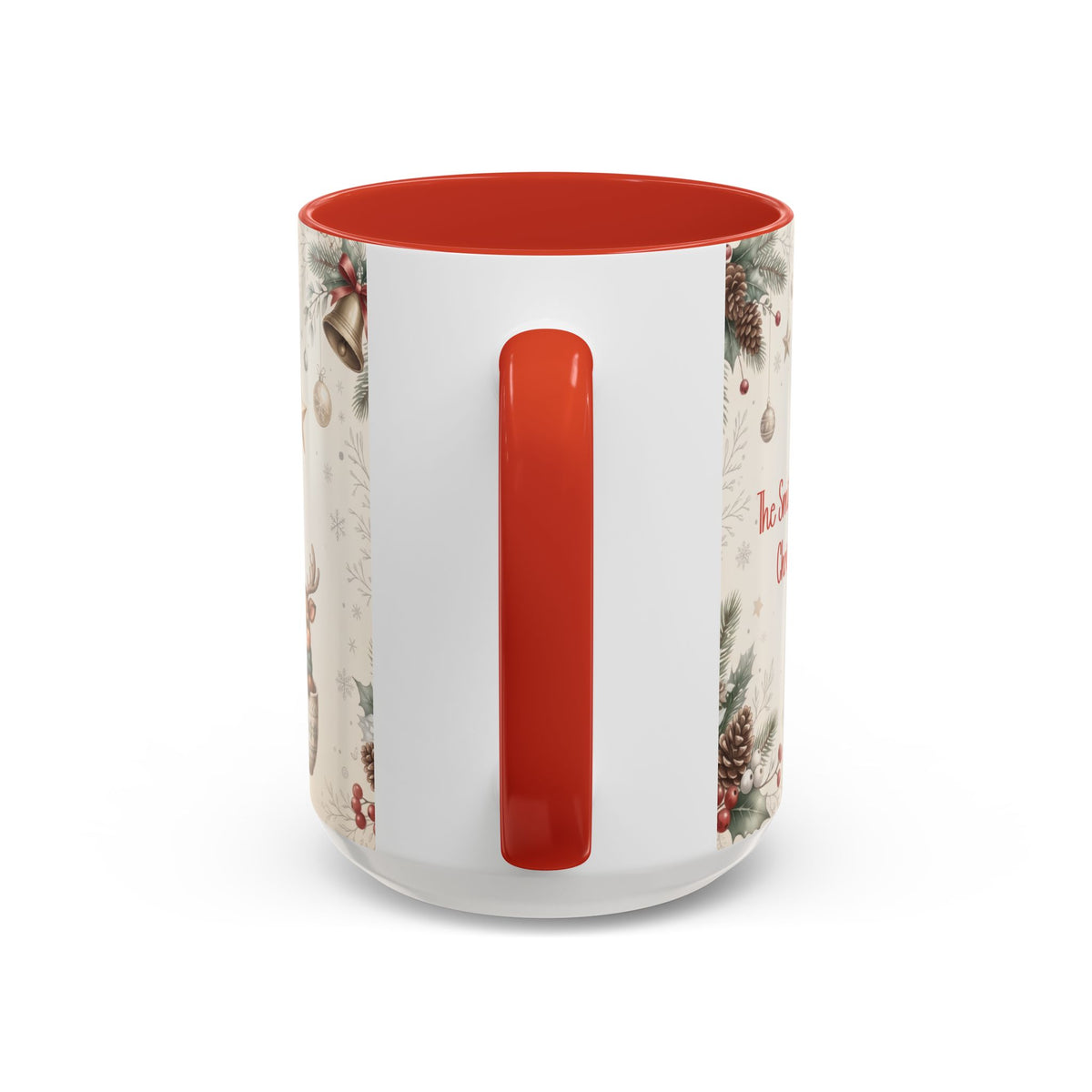 Red personalized Reindeer Teacup mug, 15oz, handle view