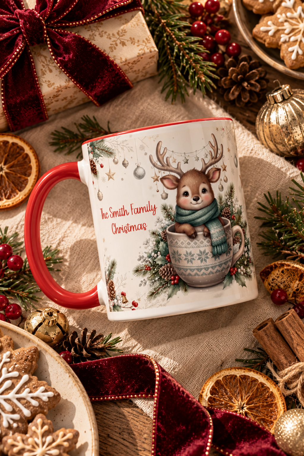 Red personalized Reindeer Teacup mug with hot cocoa by the Christmas tree, lifestyle photo