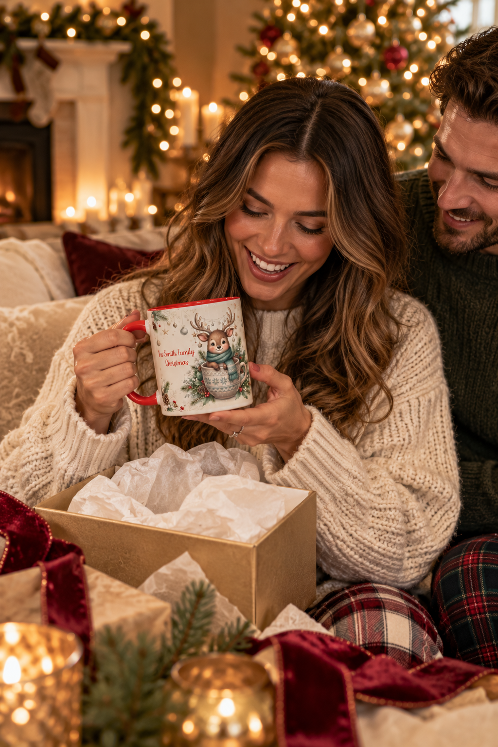 Red personalized Reindeer Teacup mug being unwrapped as a Christmas gift, lifestyle photo