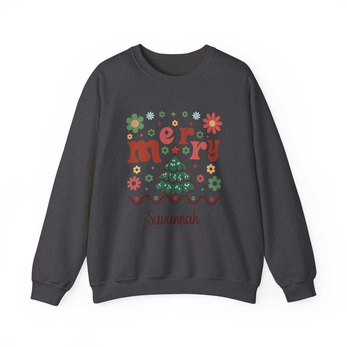Dark Heather personalized Retro Groovy Merry sweatshirt, front view