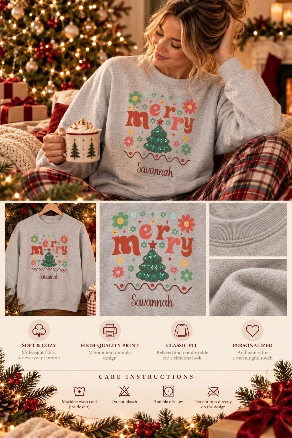 Personalized Retro Groovy Merry sweatshirt infographic with features, gift details and care instructions