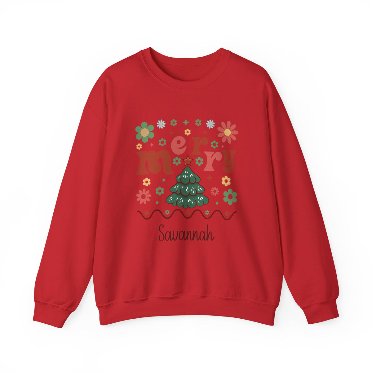 Red personalized Retro Groovy Merry sweatshirt, front view