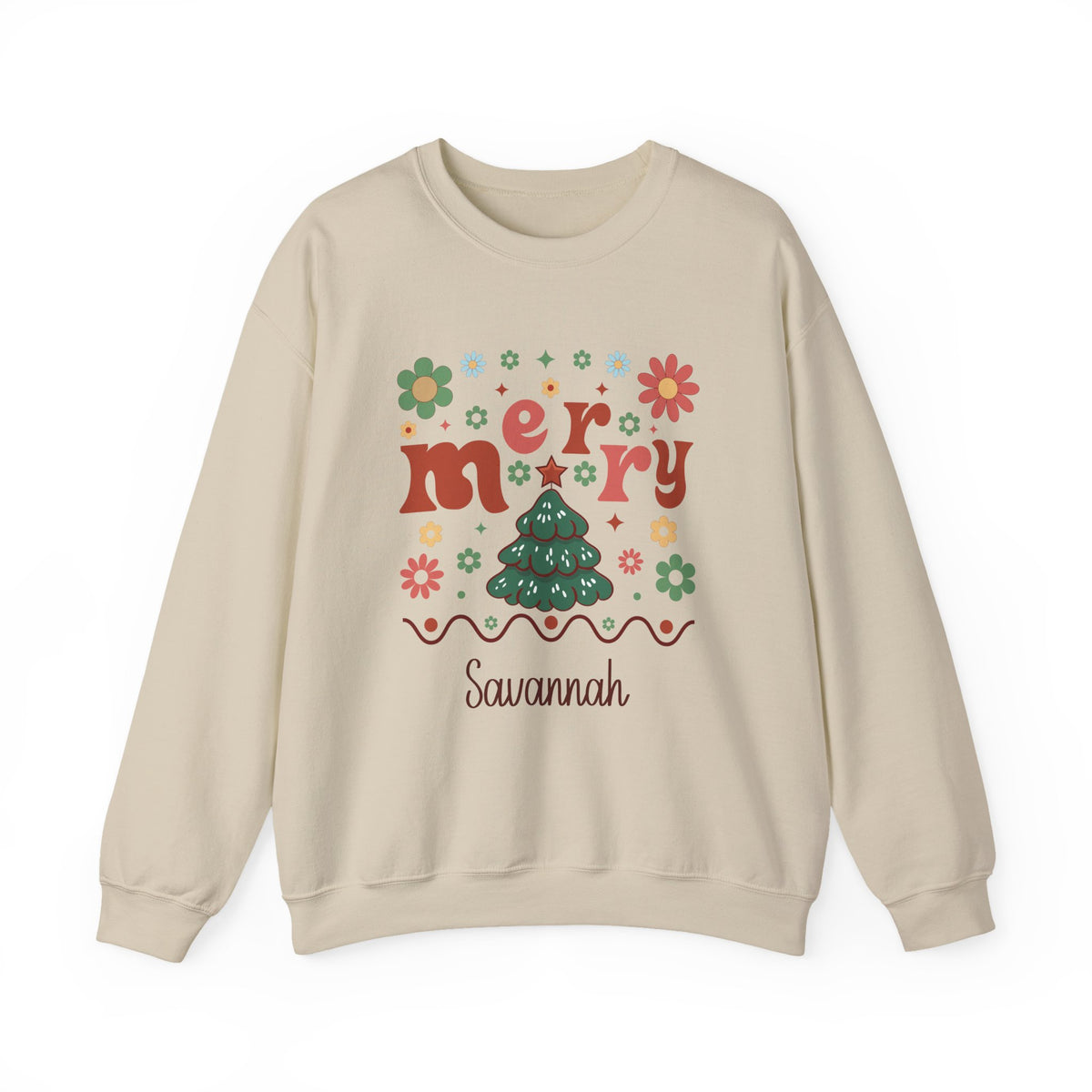 Sand personalized Retro Groovy Merry sweatshirt, front view