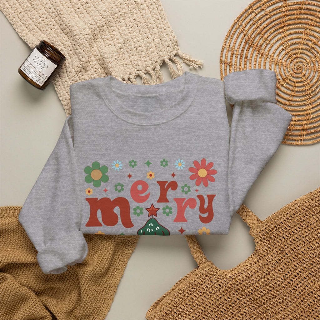 Sport Grey personalized Retro Groovy Merry sweatshirt, flat lay with cozy knit blanket