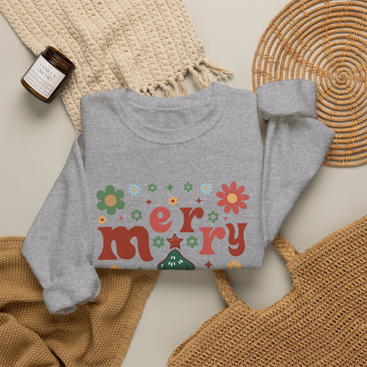 Sport Grey personalized Retro Groovy Merry sweatshirt, flat lay with cozy knit blanket
