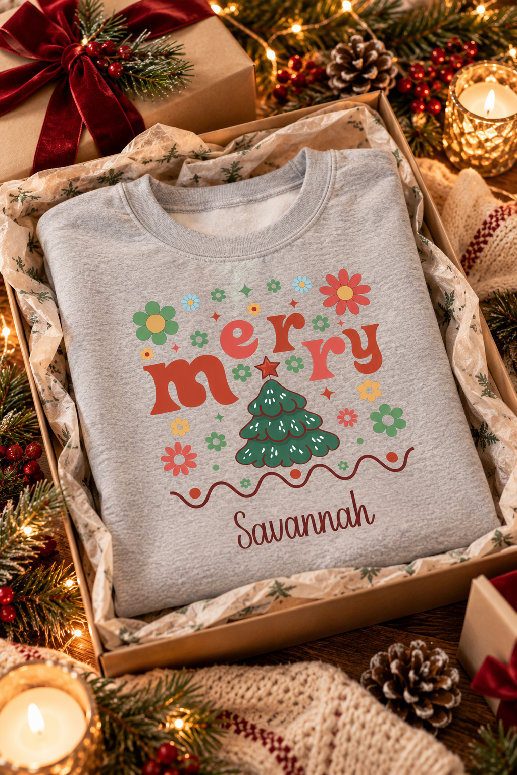 Sport Grey personalized Retro Groovy Merry sweatshirt, in a Christmas gift box, lifestyle photo