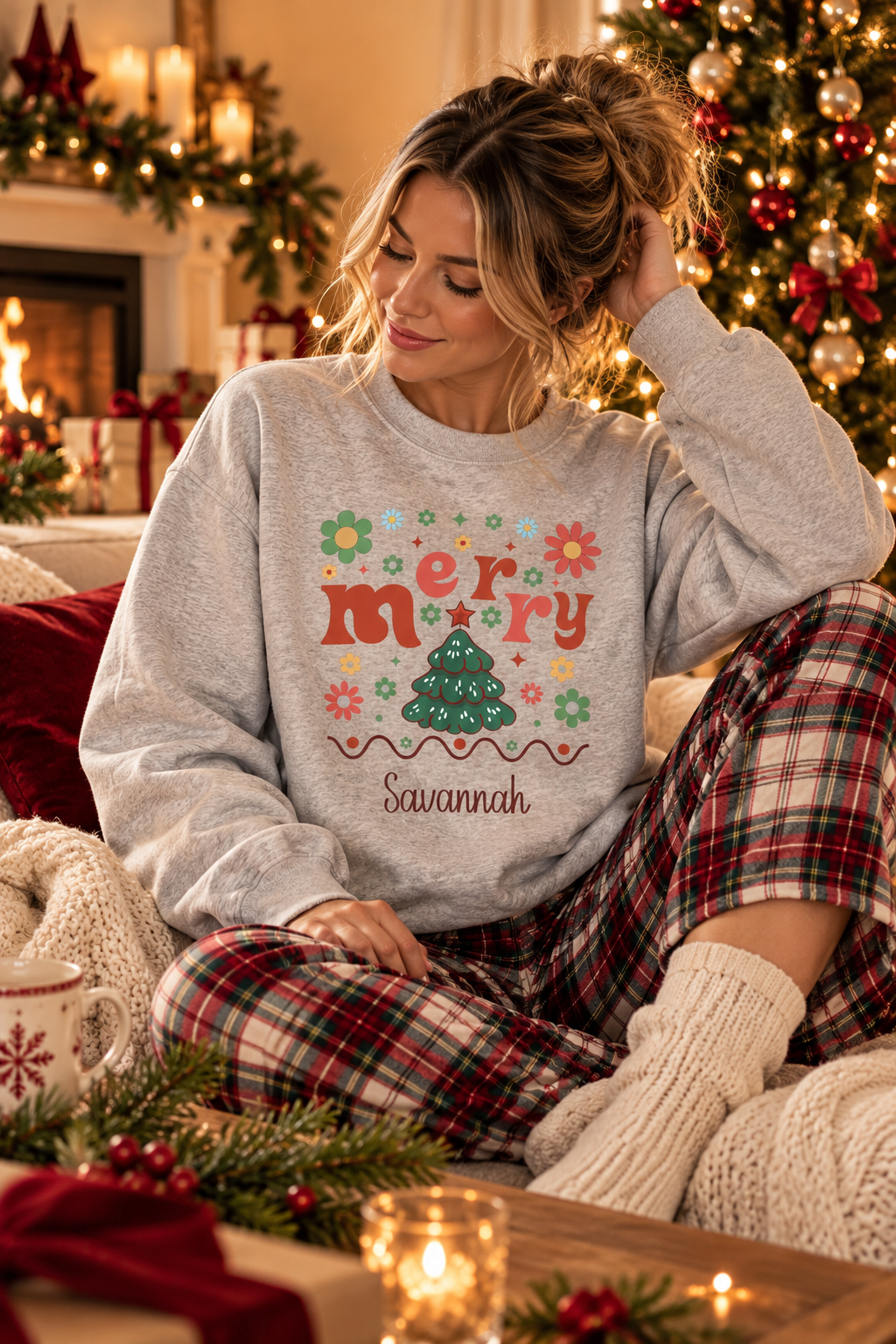 Sport Grey personalized Retro Groovy Merry sweatshirt, lifestyle photo by the Christmas tree
