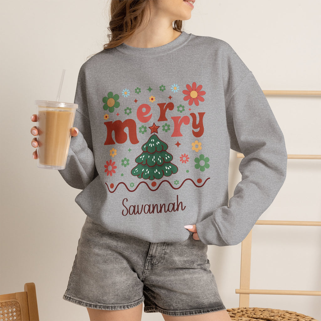 Sport Grey personalized Retro Groovy Merry sweatshirt, worn by model