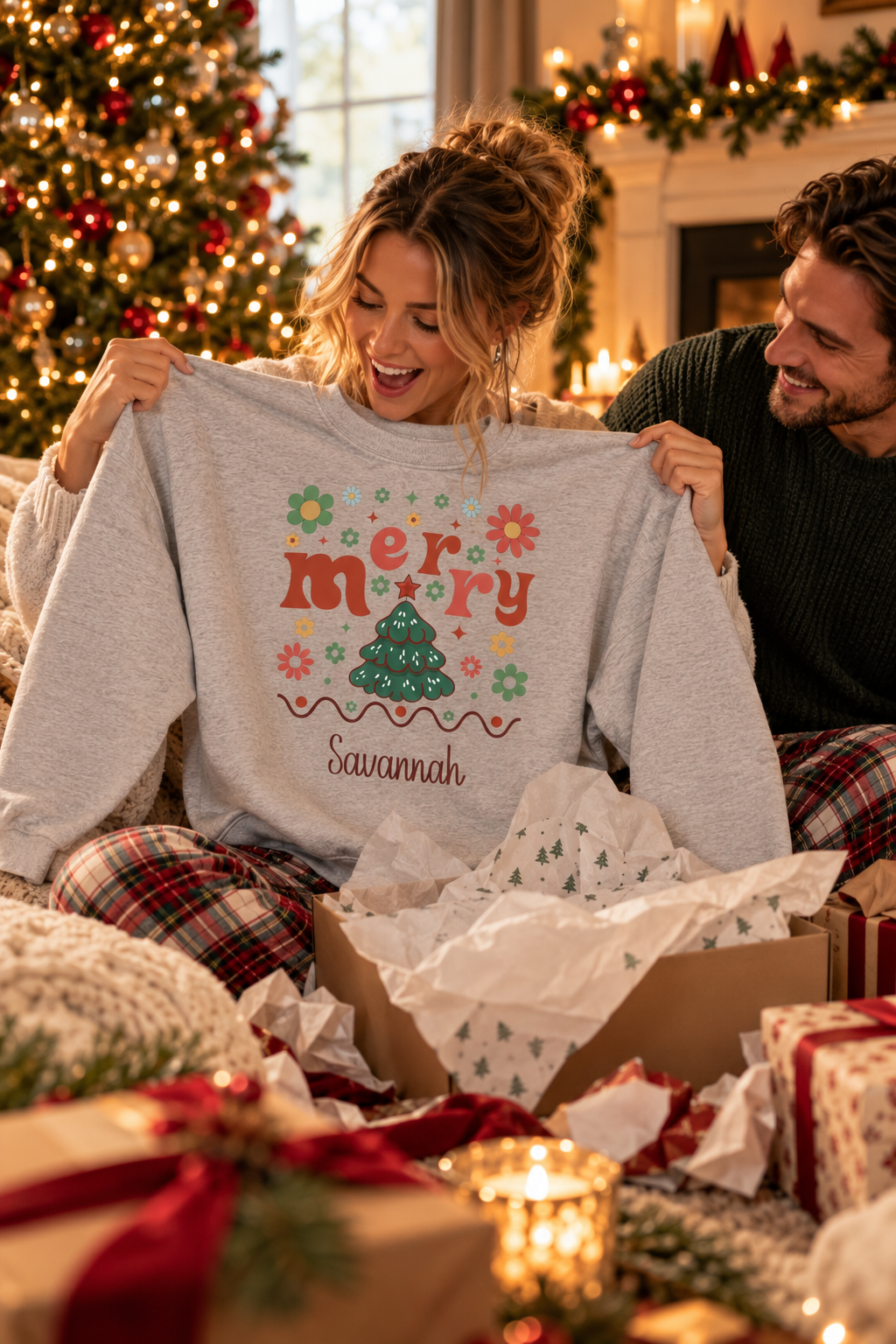 Sport Grey personalized Retro Groovy Merry sweatshirt, couple unwrapping it as a Christmas gift, lifestyle photo