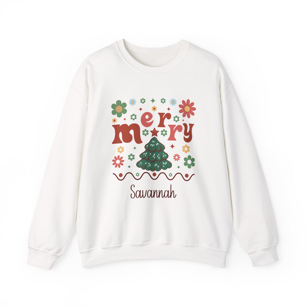 White personalized Retro Groovy Merry sweatshirt, front view