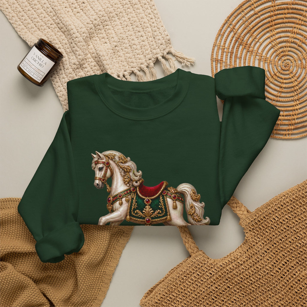 Forest Green personalized Rocking Horse sweatshirt, flat lay with cozy knit blanket