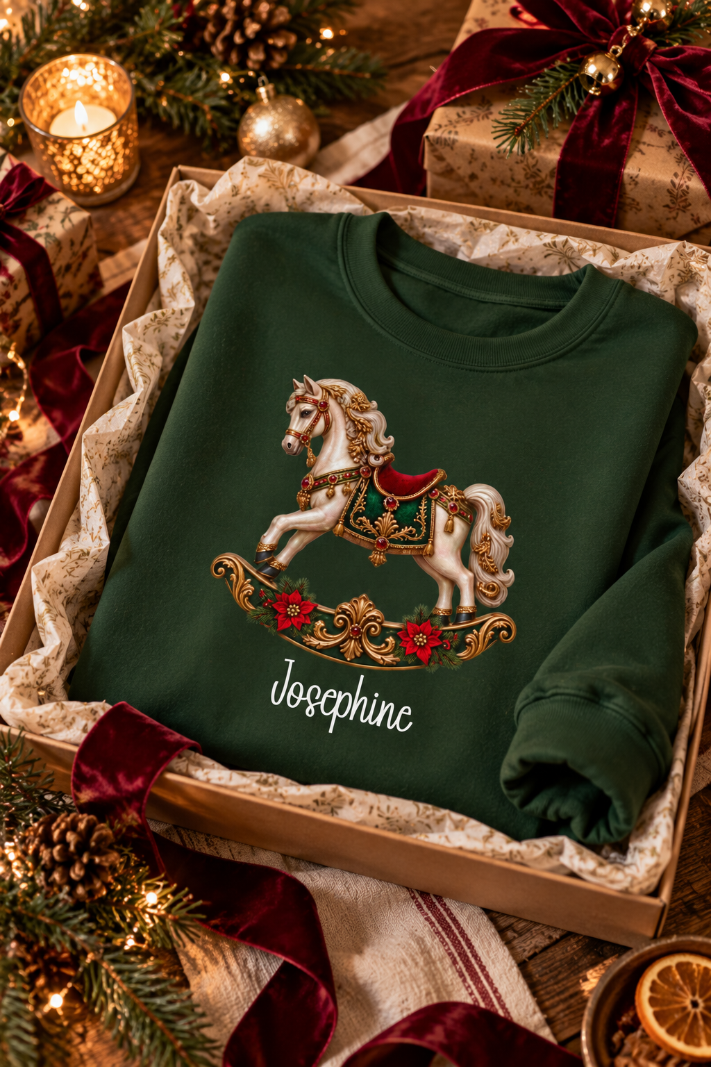 Forest Green personalized Rocking Horse sweatshirt, in a Christmas gift box, lifestyle photo