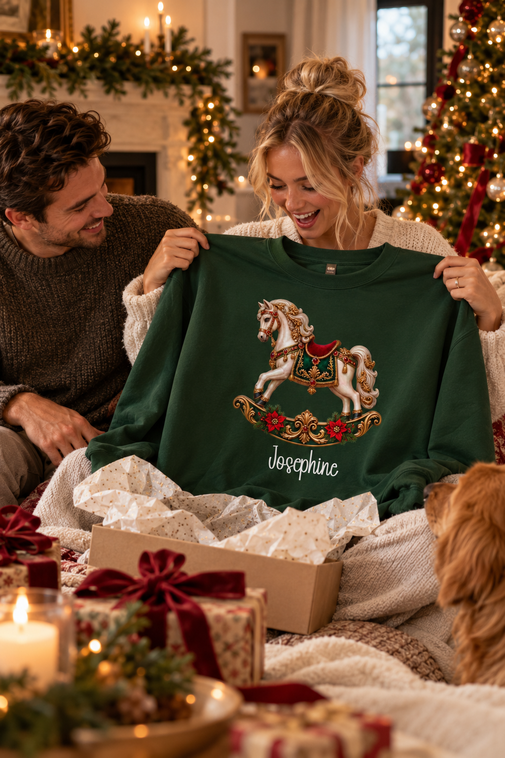 Forest Green personalized Rocking Horse sweatshirt, couple unwrapping it as a Christmas gift, lifestyle photo