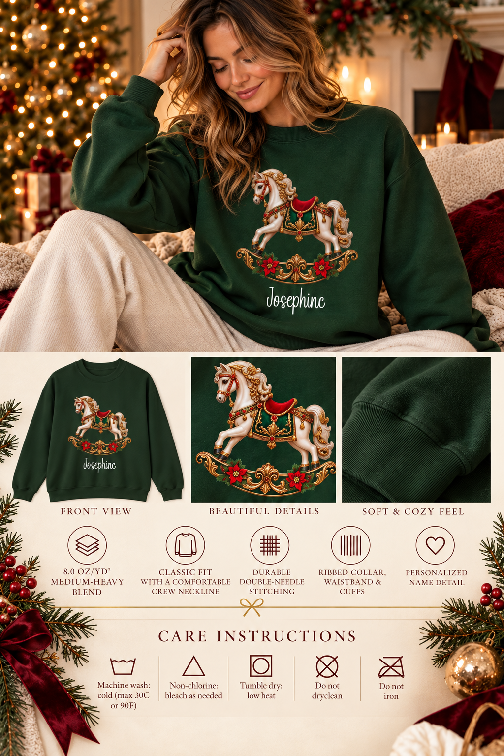 Personalized Rocking Horse sweatshirt infographic with features, gift details and care instructions