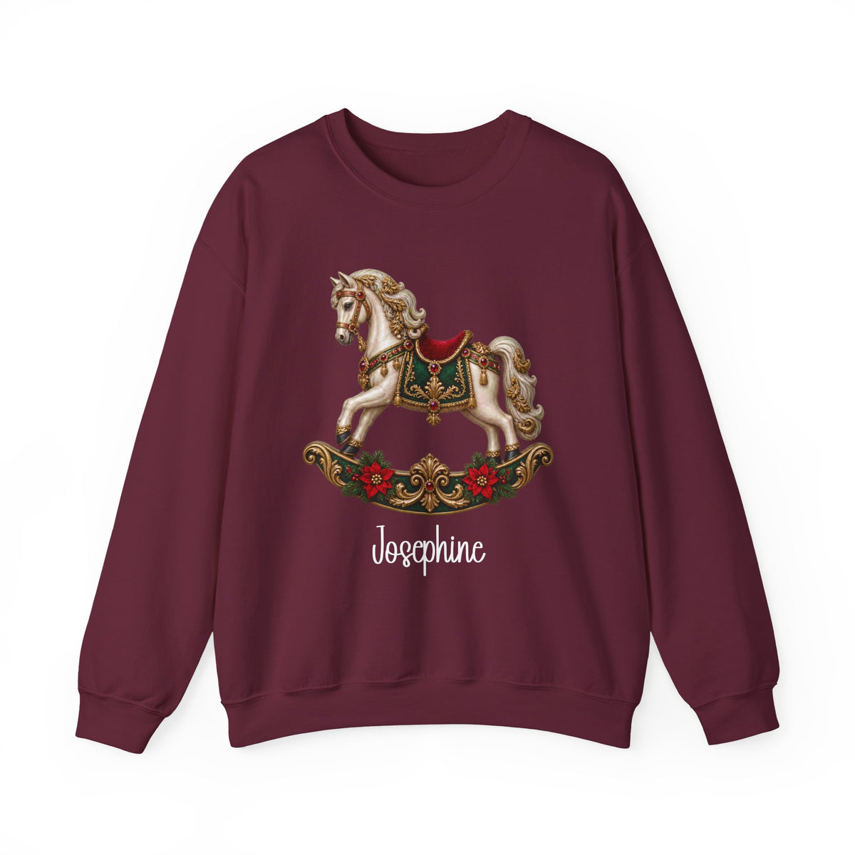 Maroon personalized Rocking Horse sweatshirt, front view