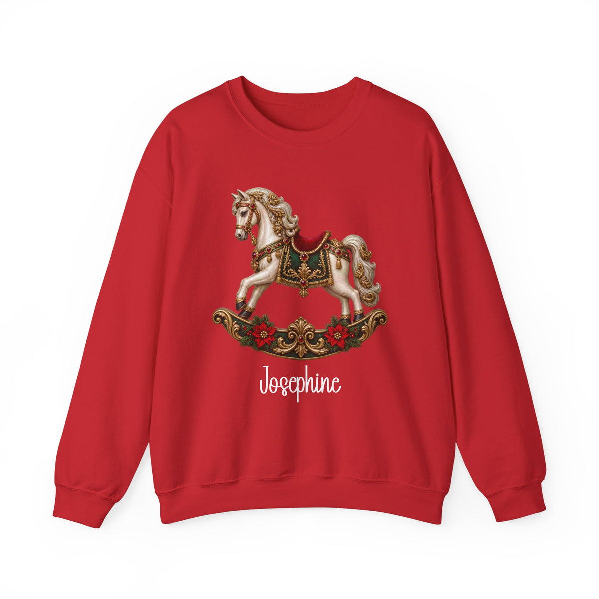 Red personalized Rocking Horse sweatshirt, front view