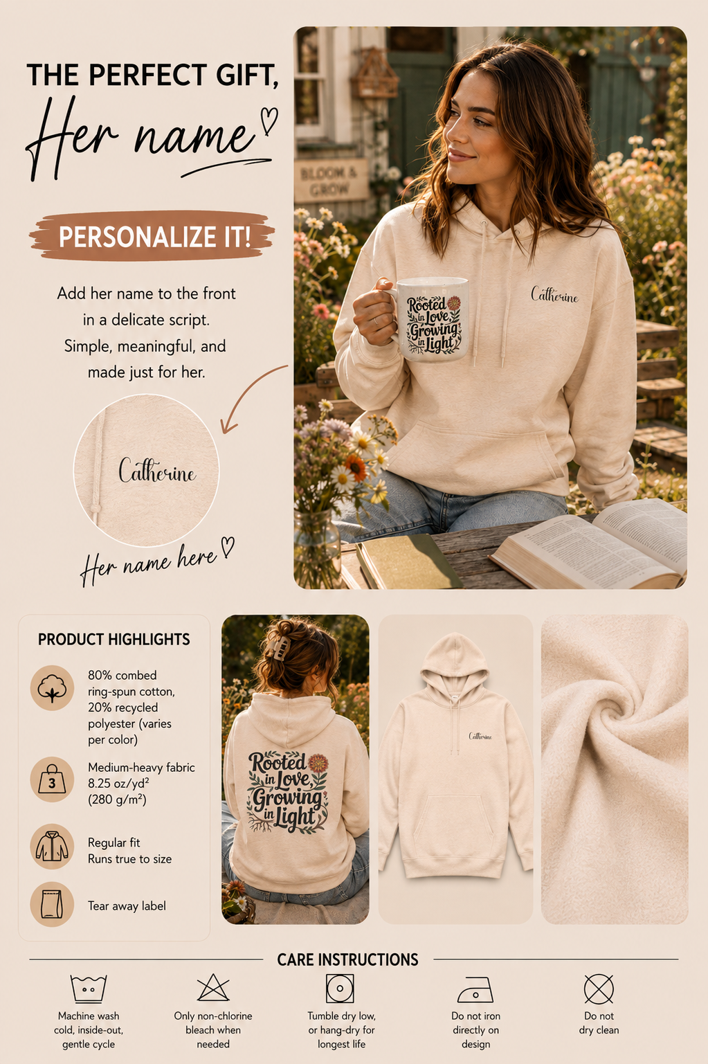 Product information graphic showing personalization placement, fabric details, and care instructions