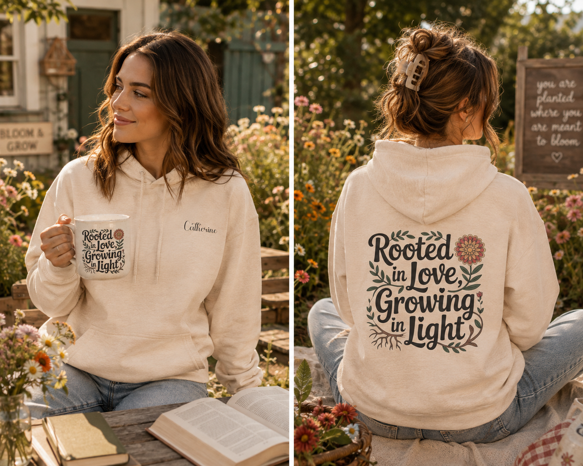 Woman wearing the personalized hoodie, front view with name on the chest and back view showing the design