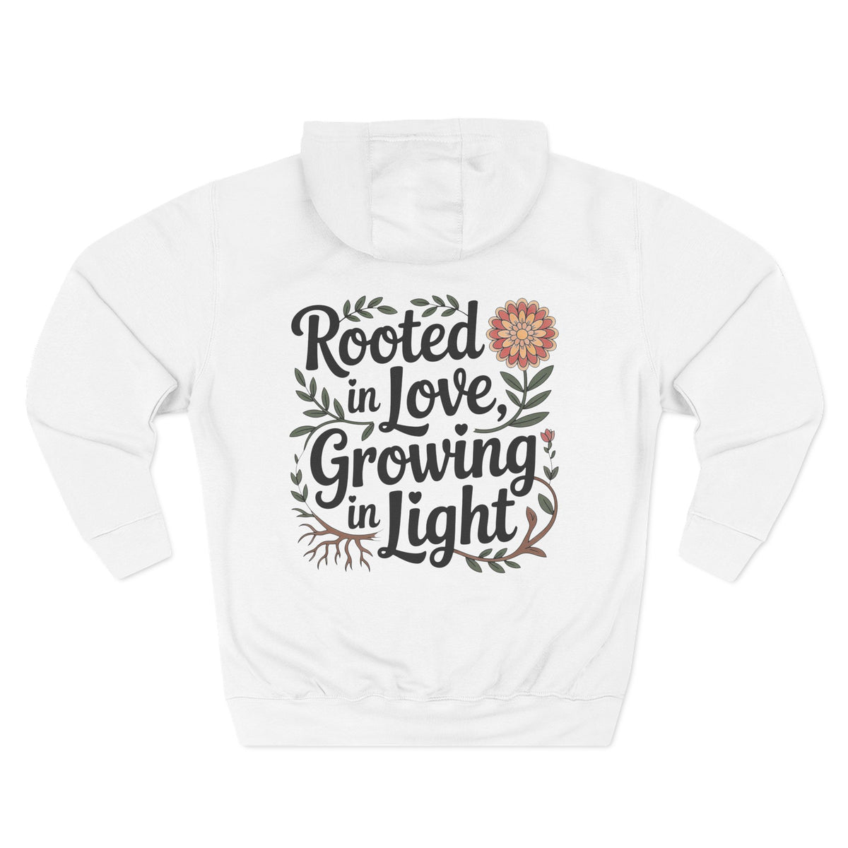 Front view of white hoodie with customizable name embroidered on the chest