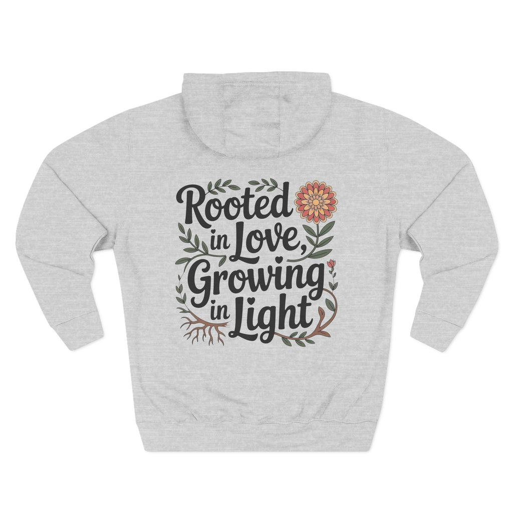Front view of heather grey hoodie with customizable name embroidered on the chest
