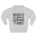 Front view of heather grey hoodie with customizable name embroidered on the chest