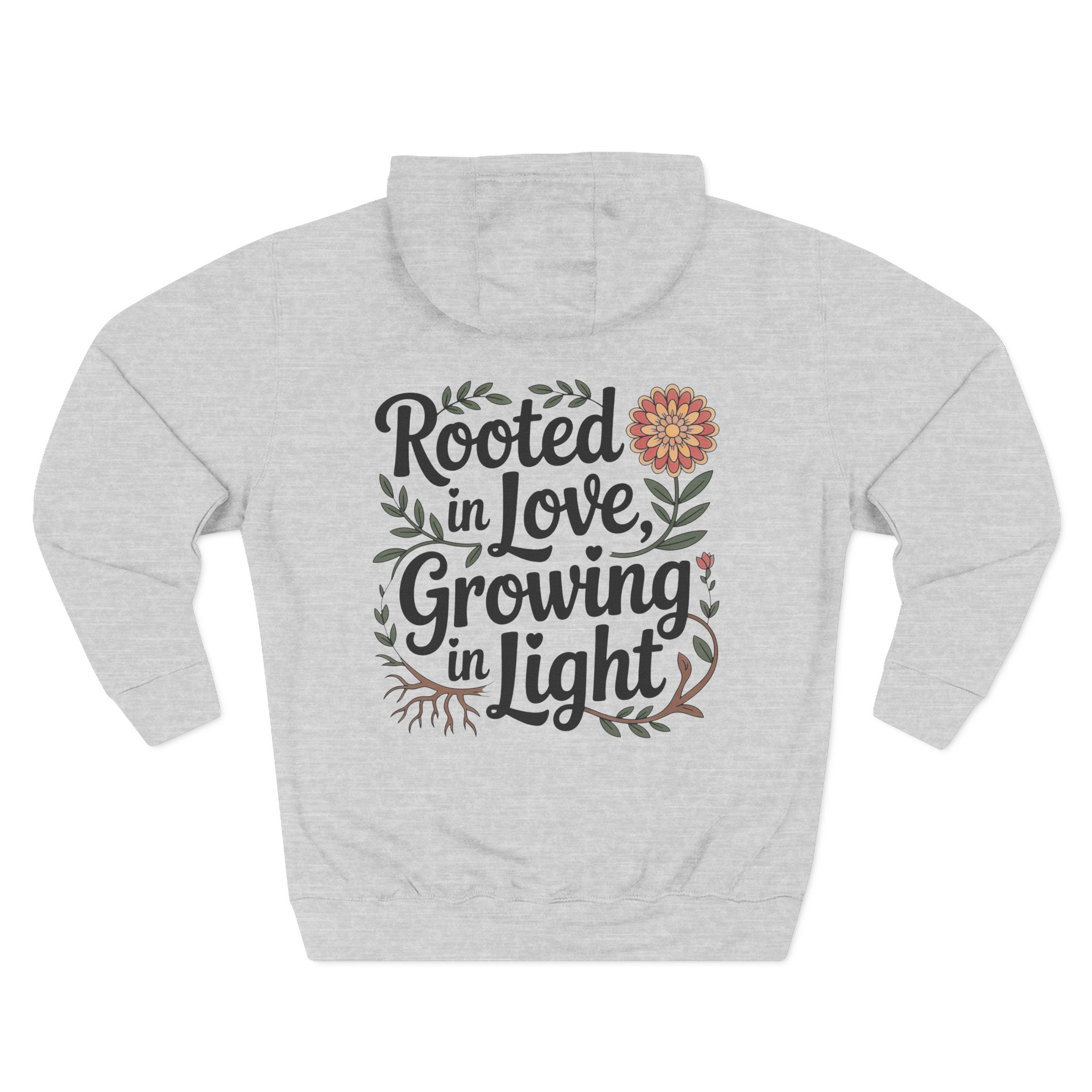 Front view of heather grey hoodie with customizable name embroidered on the chest