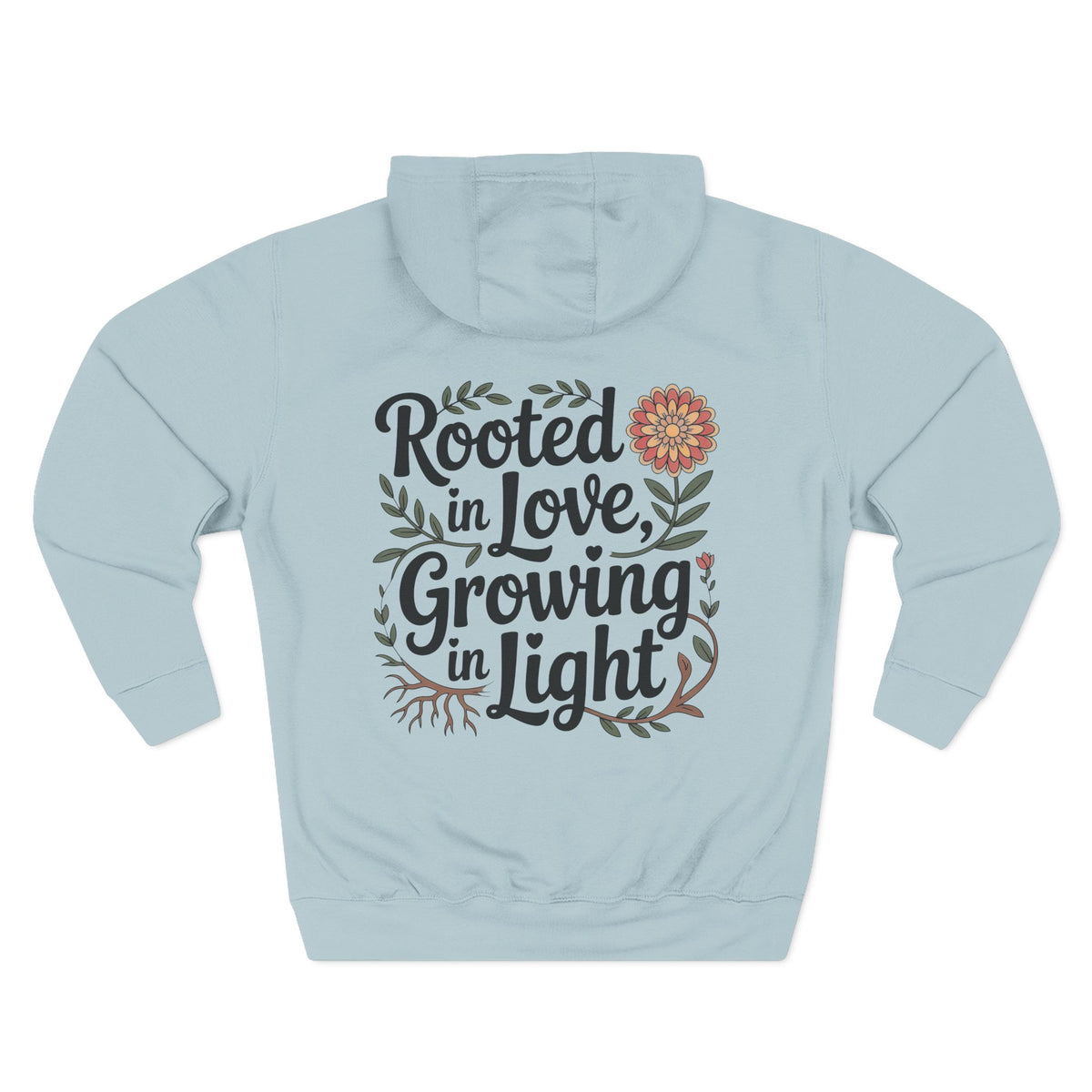Front view of blue mist hoodie with customizable name embroidered on the chest