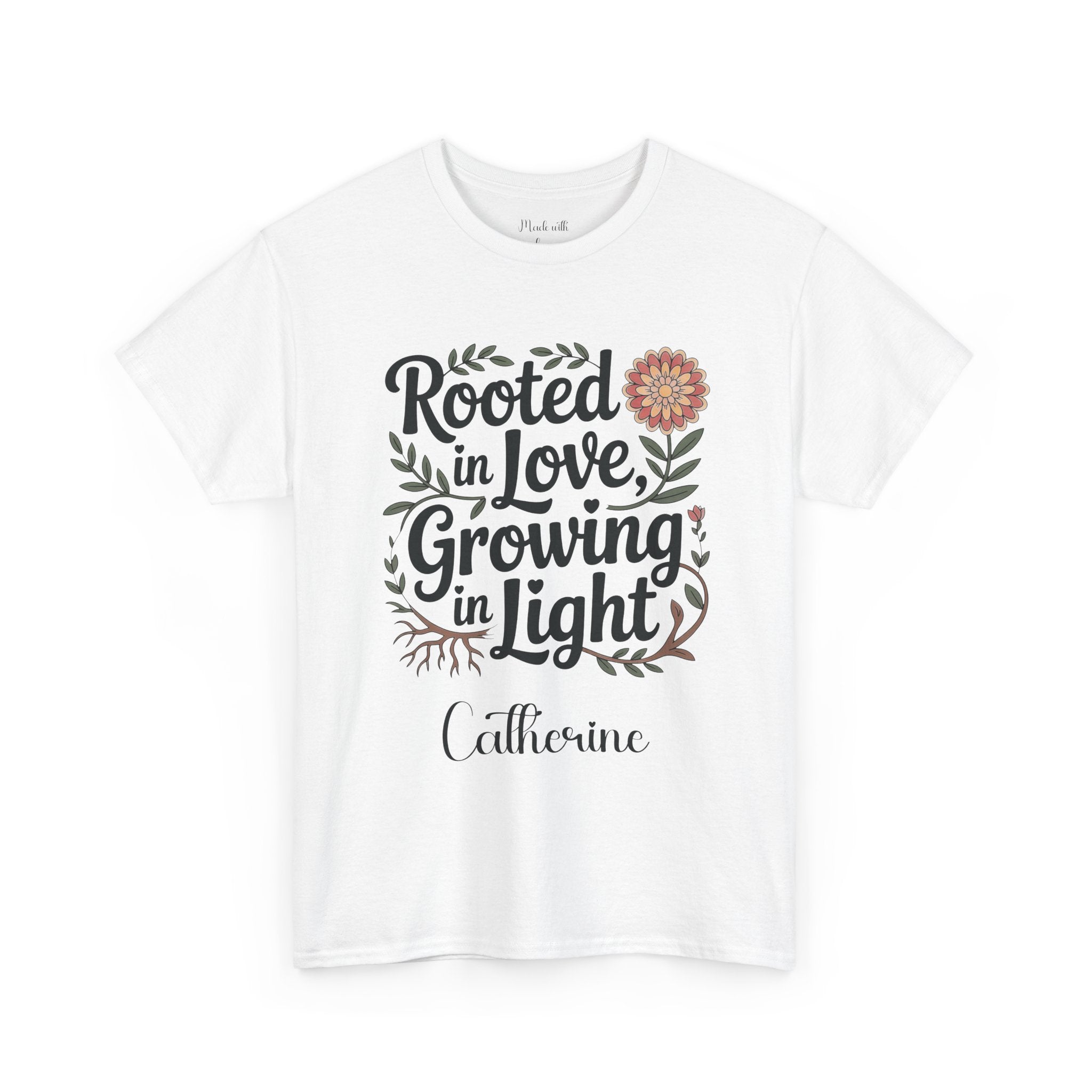 Rooted In Love personalized t-shirt with floral lettering design and name on the front