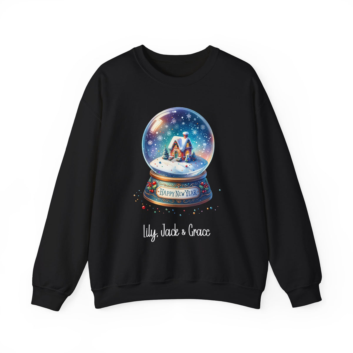 Black personalized Snow Globe sweatshirt, front view