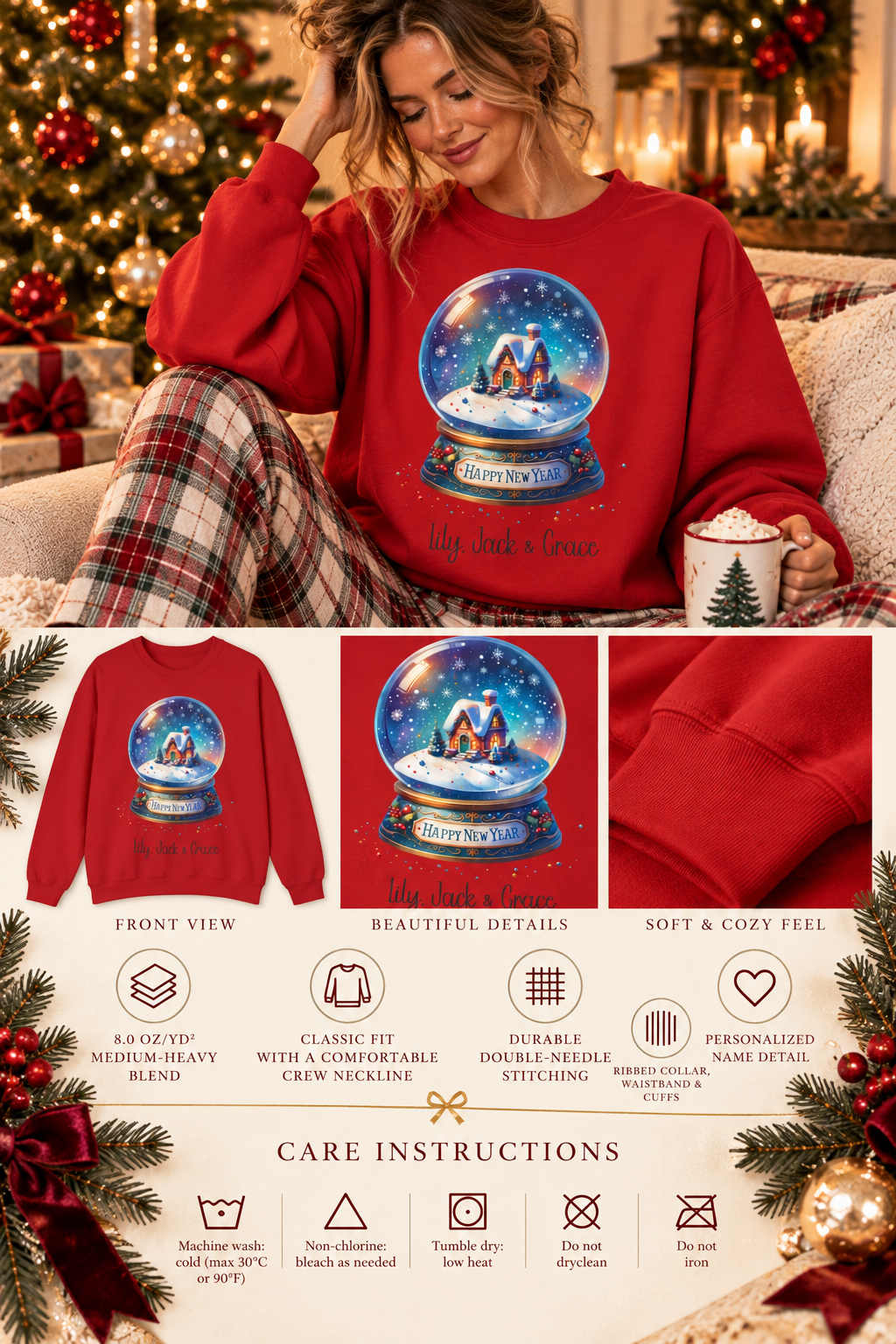 Personalized Snow Globe sweatshirt infographic with features, gift details and care instructions