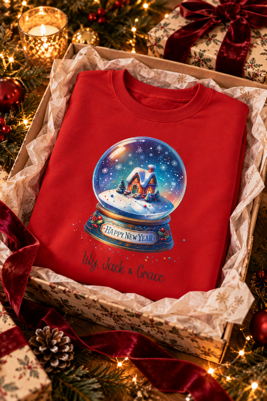 Red personalized Snow Globe sweatshirt, in a Christmas gift box, lifestyle photo
