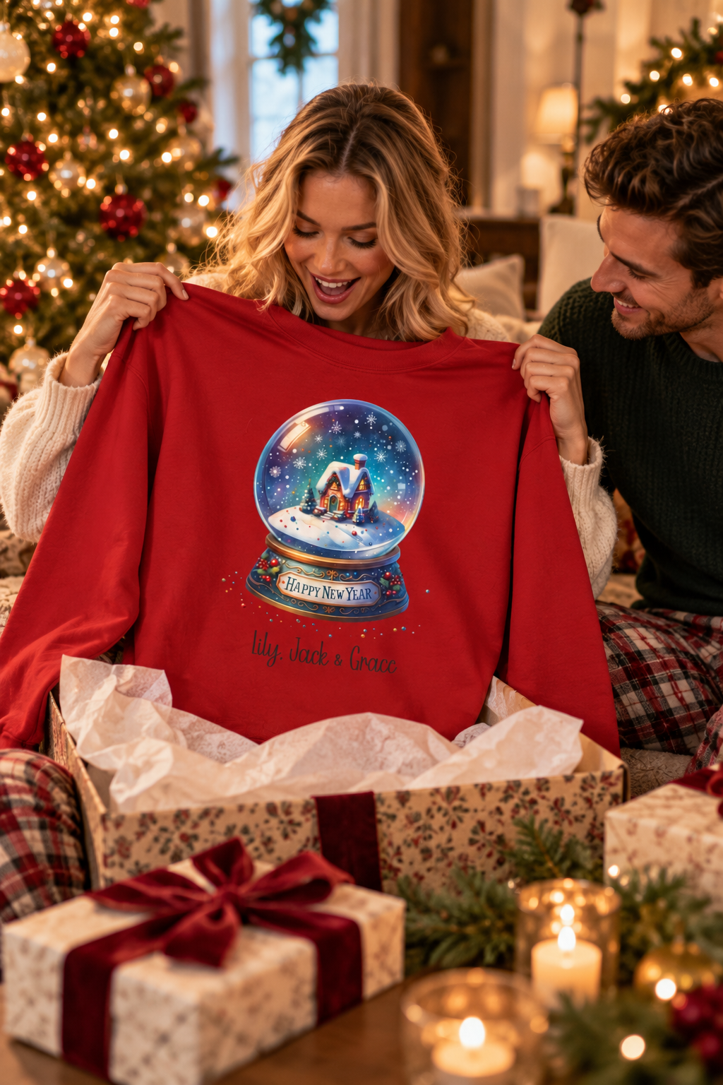 Red personalized Snow Globe sweatshirt, couple unwrapping it as a Christmas gift, lifestyle photo