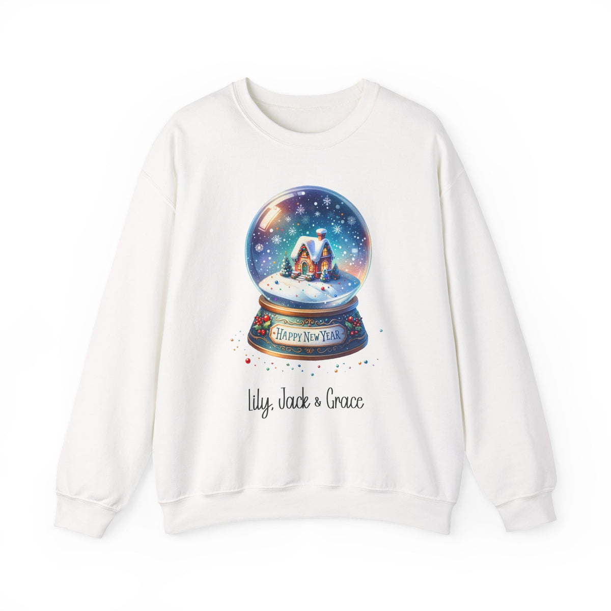 White personalized Snow Globe sweatshirt, front view