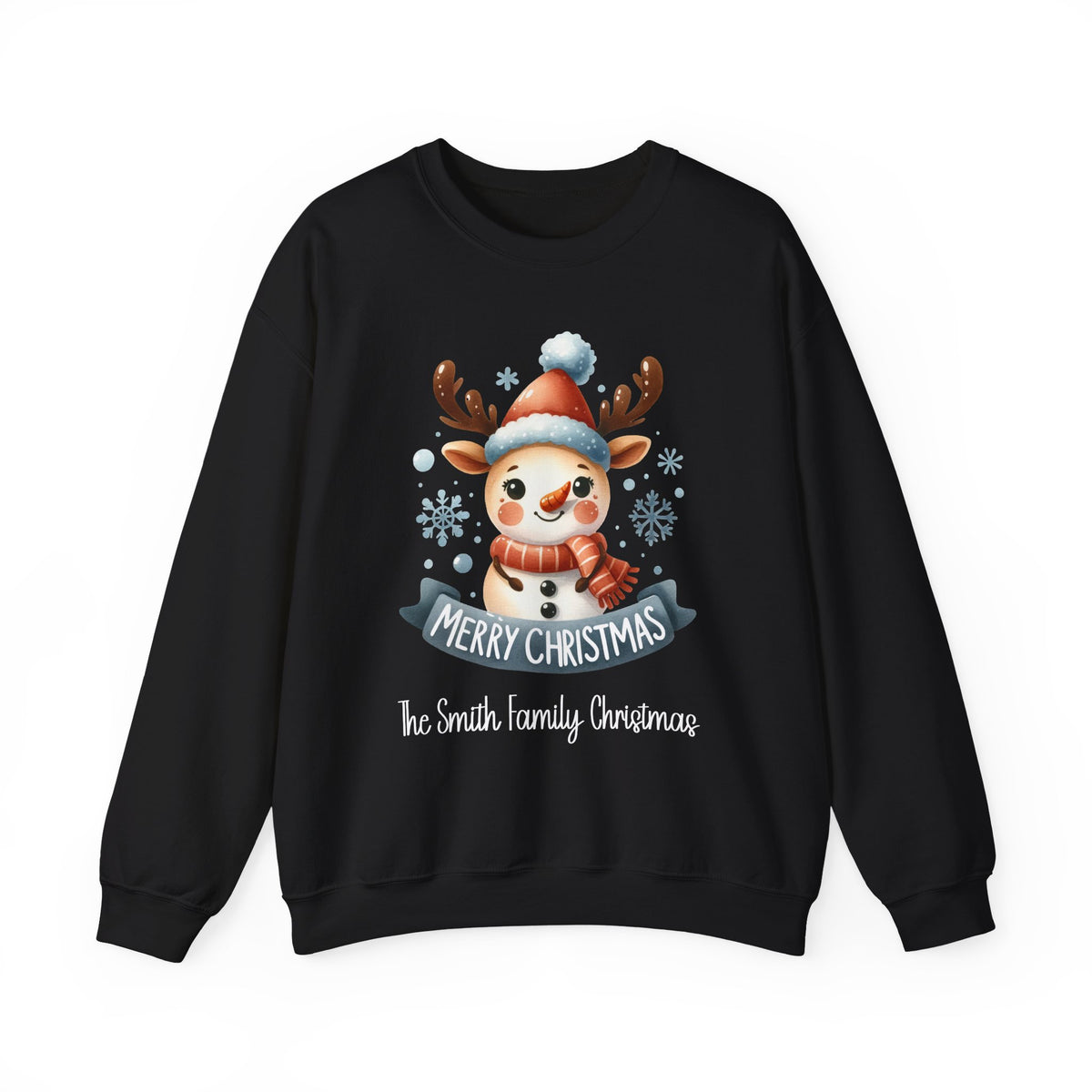 Black personalized Snowman and Reindeer Family Christmas sweatshirt, front view