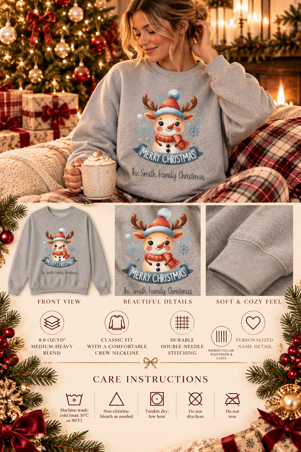 Personalized Snowman and Reindeer Family Christmas sweatshirt infographic with features, gift details and care instructions