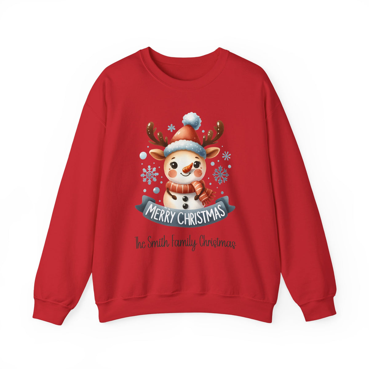 Red personalized Snowman and Reindeer Family Christmas sweatshirt, front view