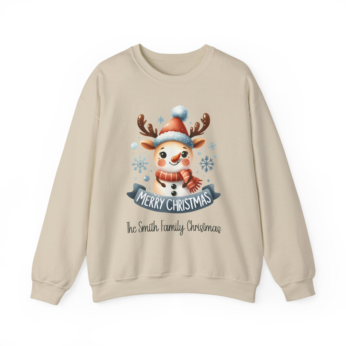 Sand personalized Snowman and Reindeer Family Christmas sweatshirt, front view