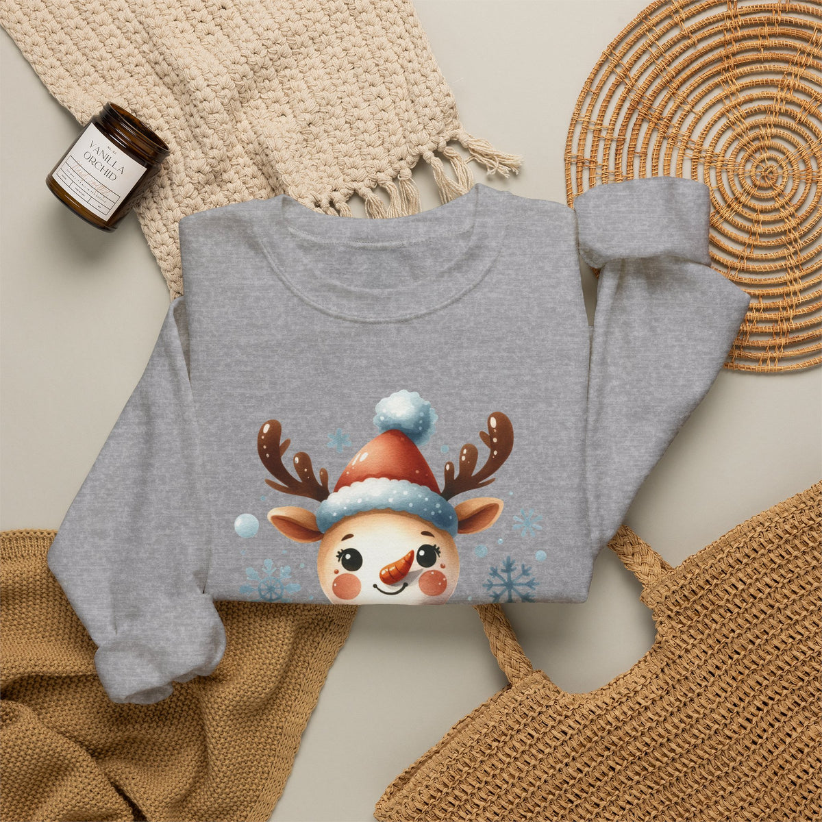 Sport Grey personalized Snowman and Reindeer Family Christmas sweatshirt, flat lay with cozy knit blanket