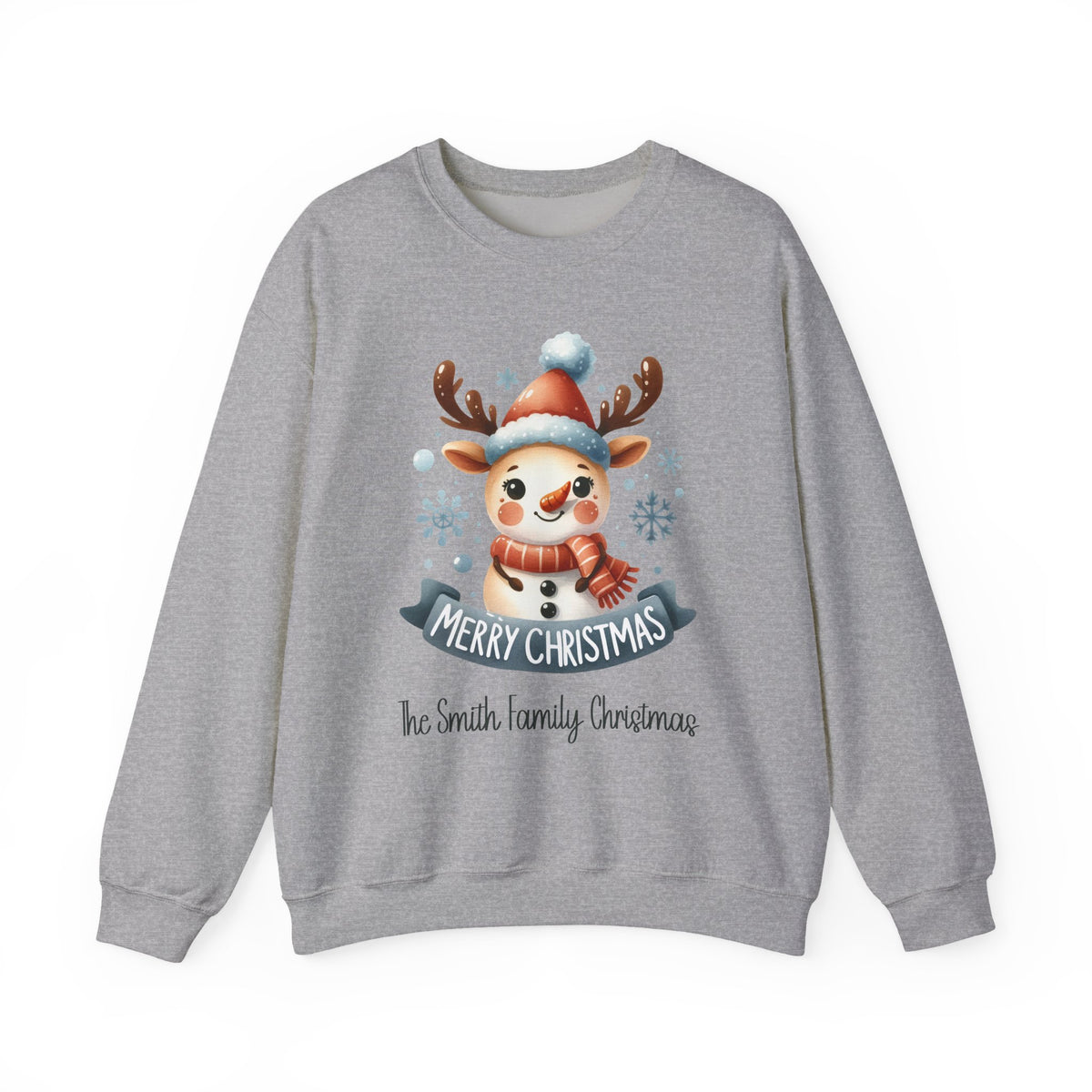 Sport Grey personalized Snowman and Reindeer Family Christmas sweatshirt, front view