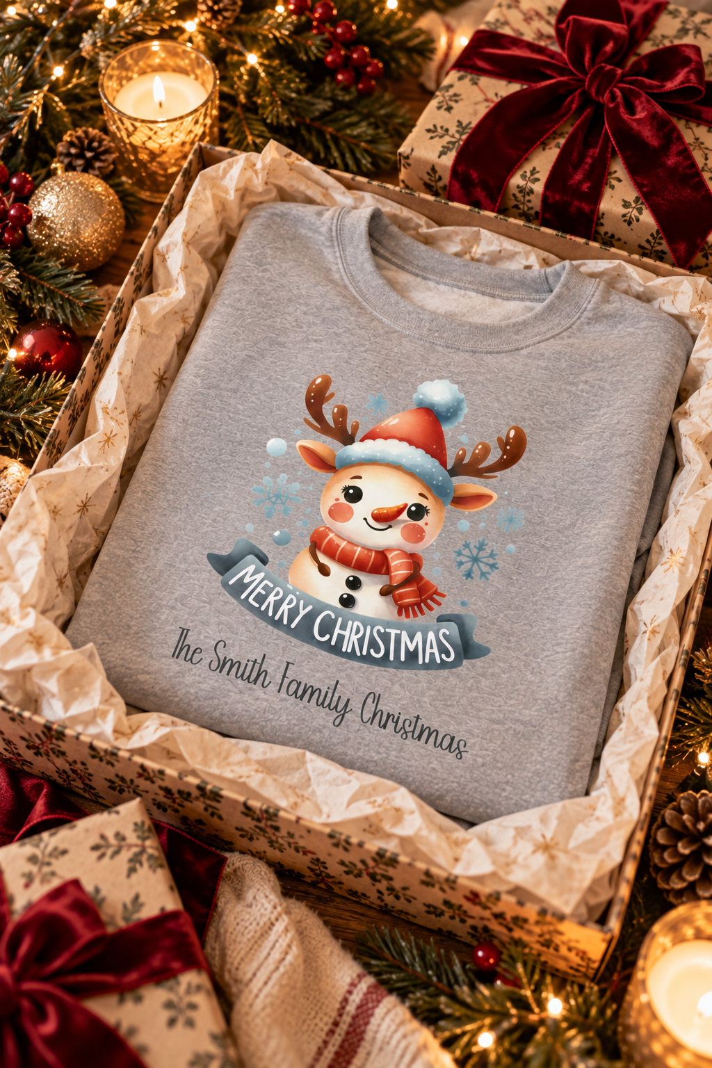 Sport Grey personalized Snowman and Reindeer Family Christmas sweatshirt, in a Christmas gift box, lifestyle photo