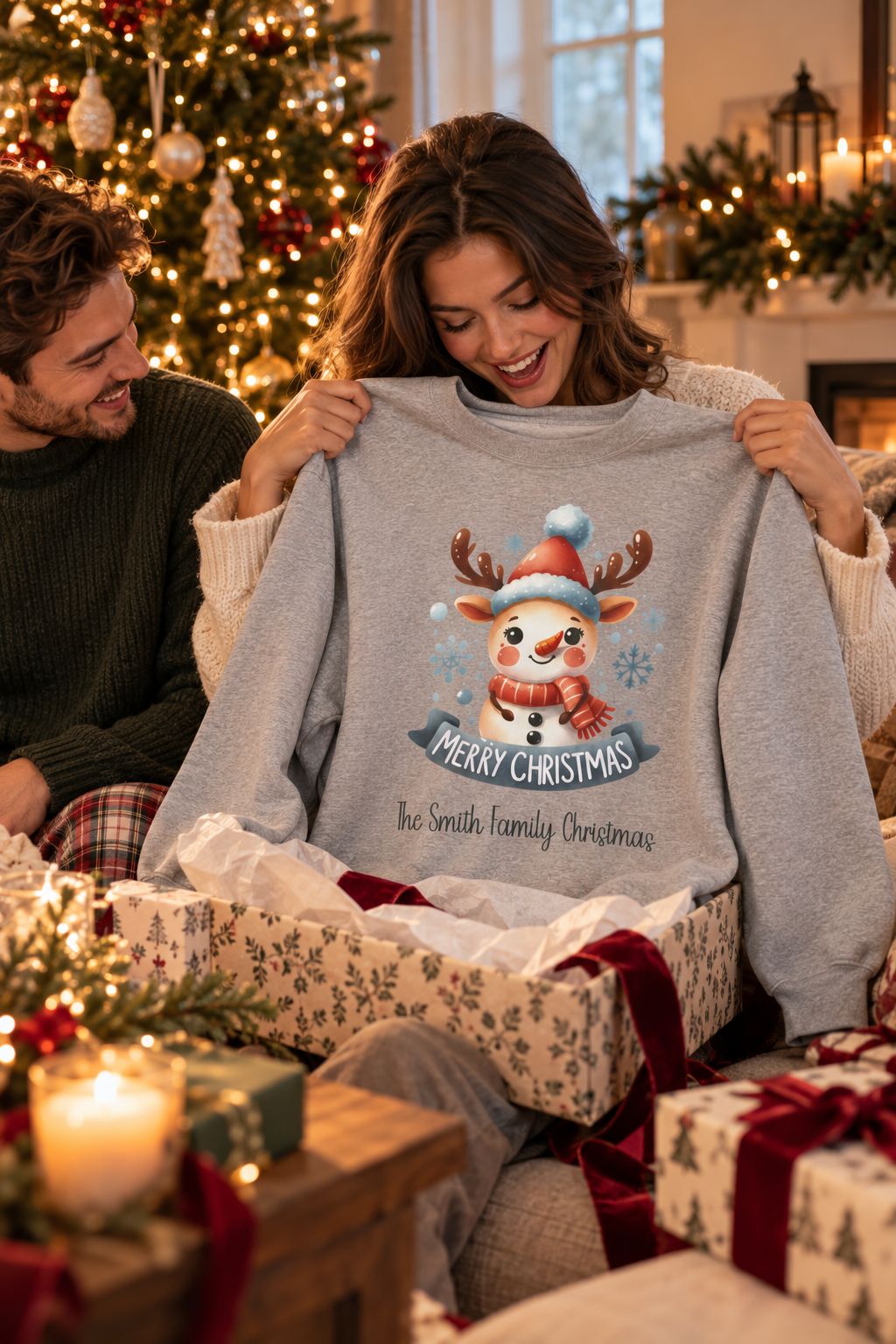Sport Grey personalized Snowman and Reindeer Family Christmas sweatshirt, couple unwrapping it as a Christmas gift, lifestyle photo