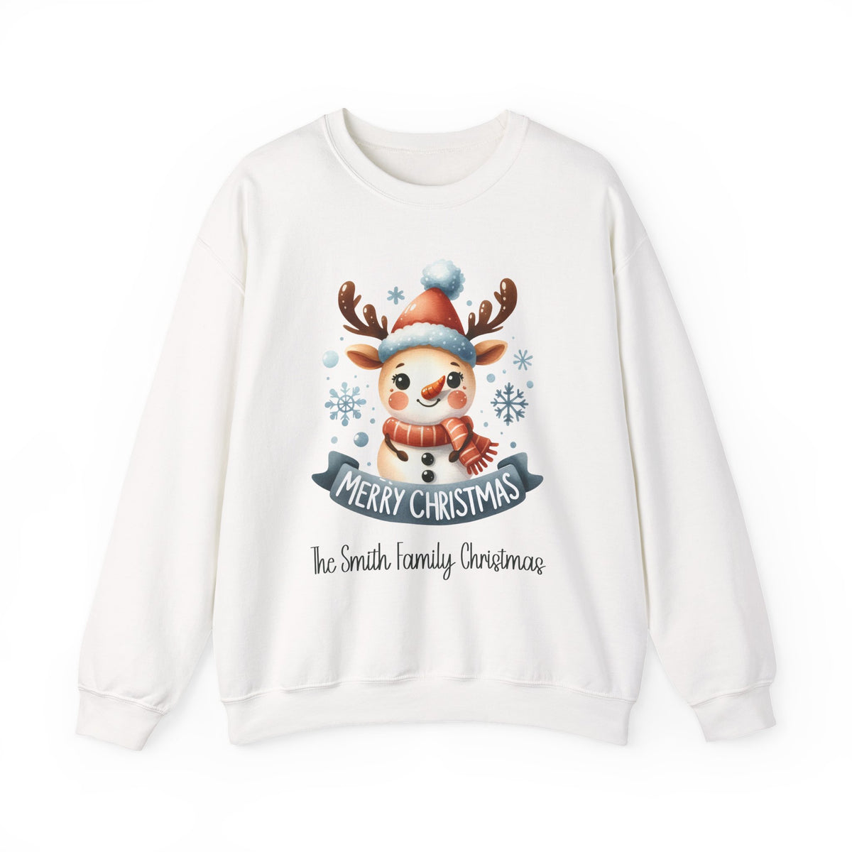 White personalized Snowman and Reindeer Family Christmas sweatshirt, front view