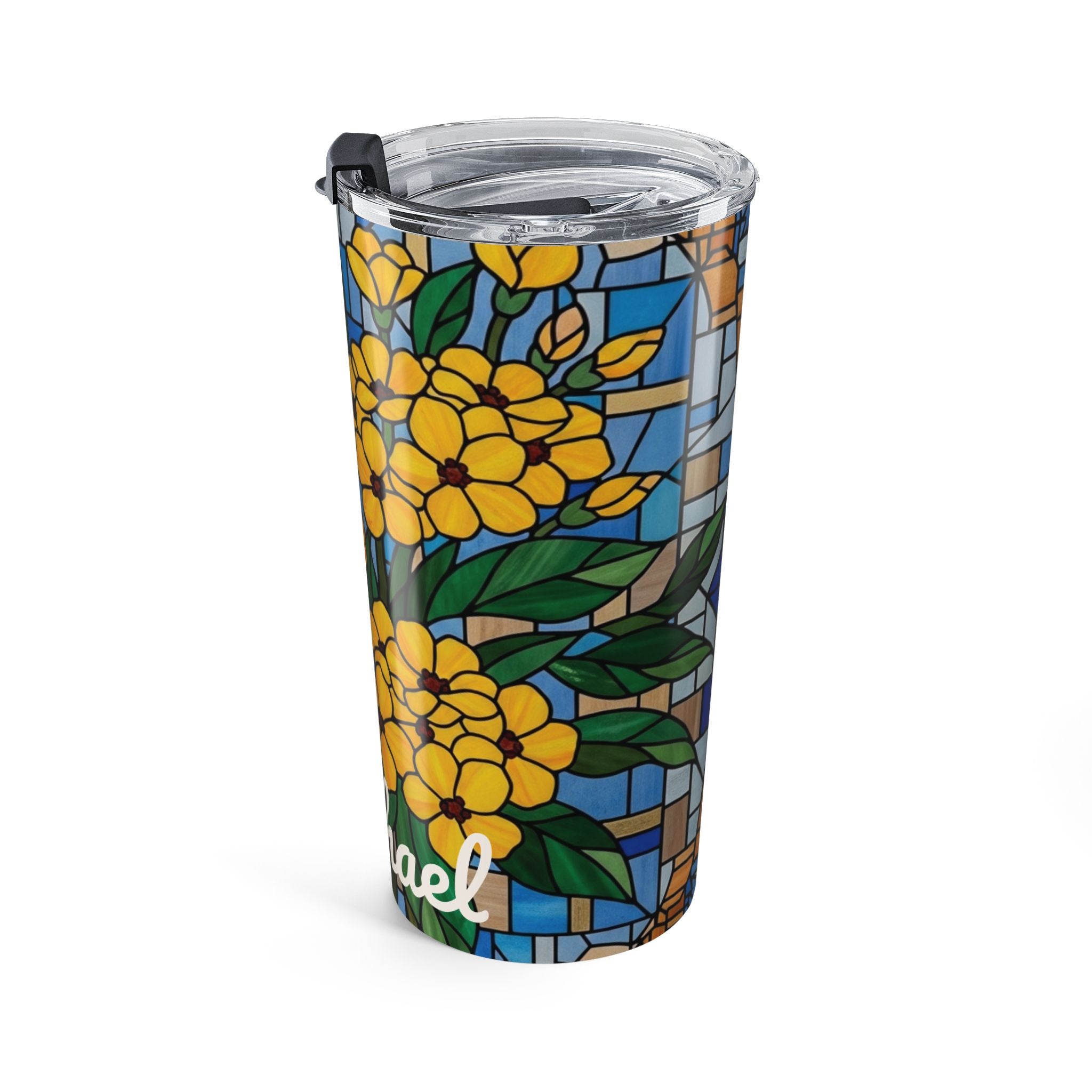 Personalized stained glass floral tumbler held in hand to show the custom name placement