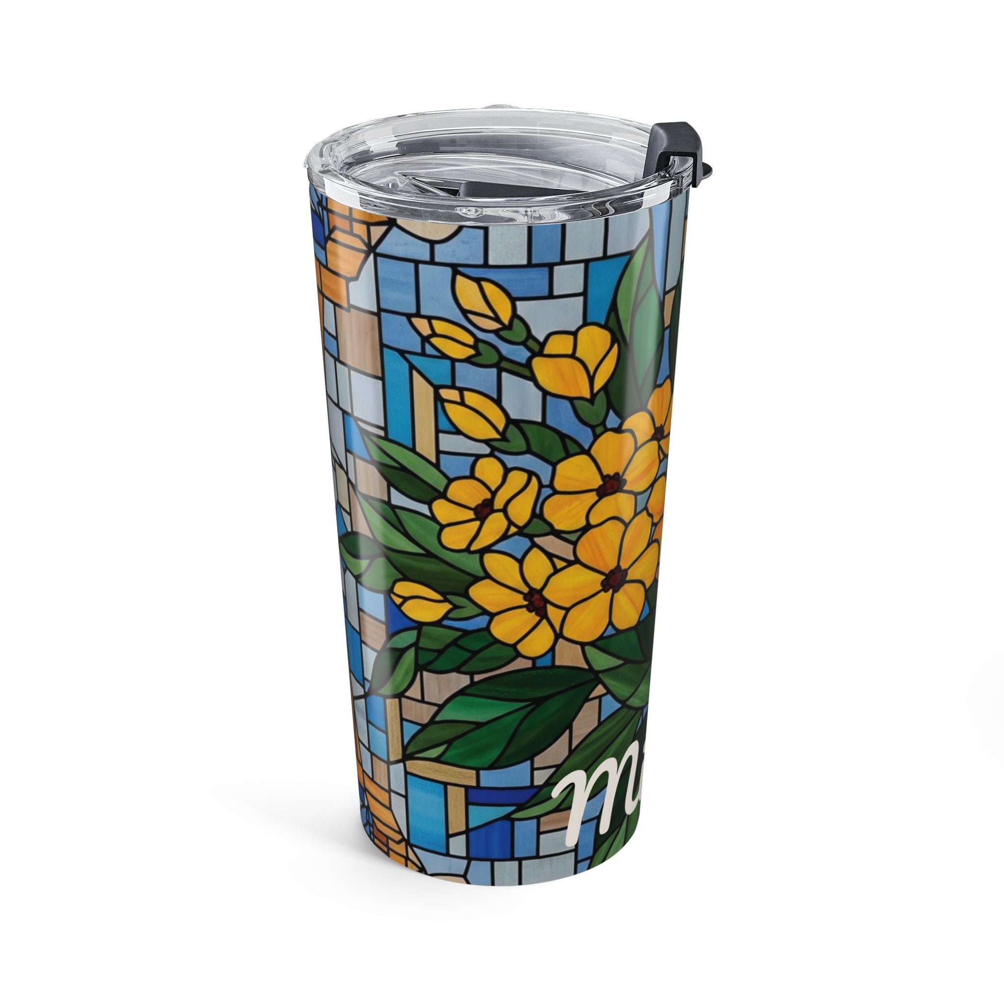 Close-up of the clear push-on lid on the golden floral stained glass tumbler