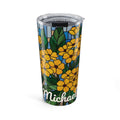 Personalized stained glass tumbler with golden blossoms on blue and a name in white script