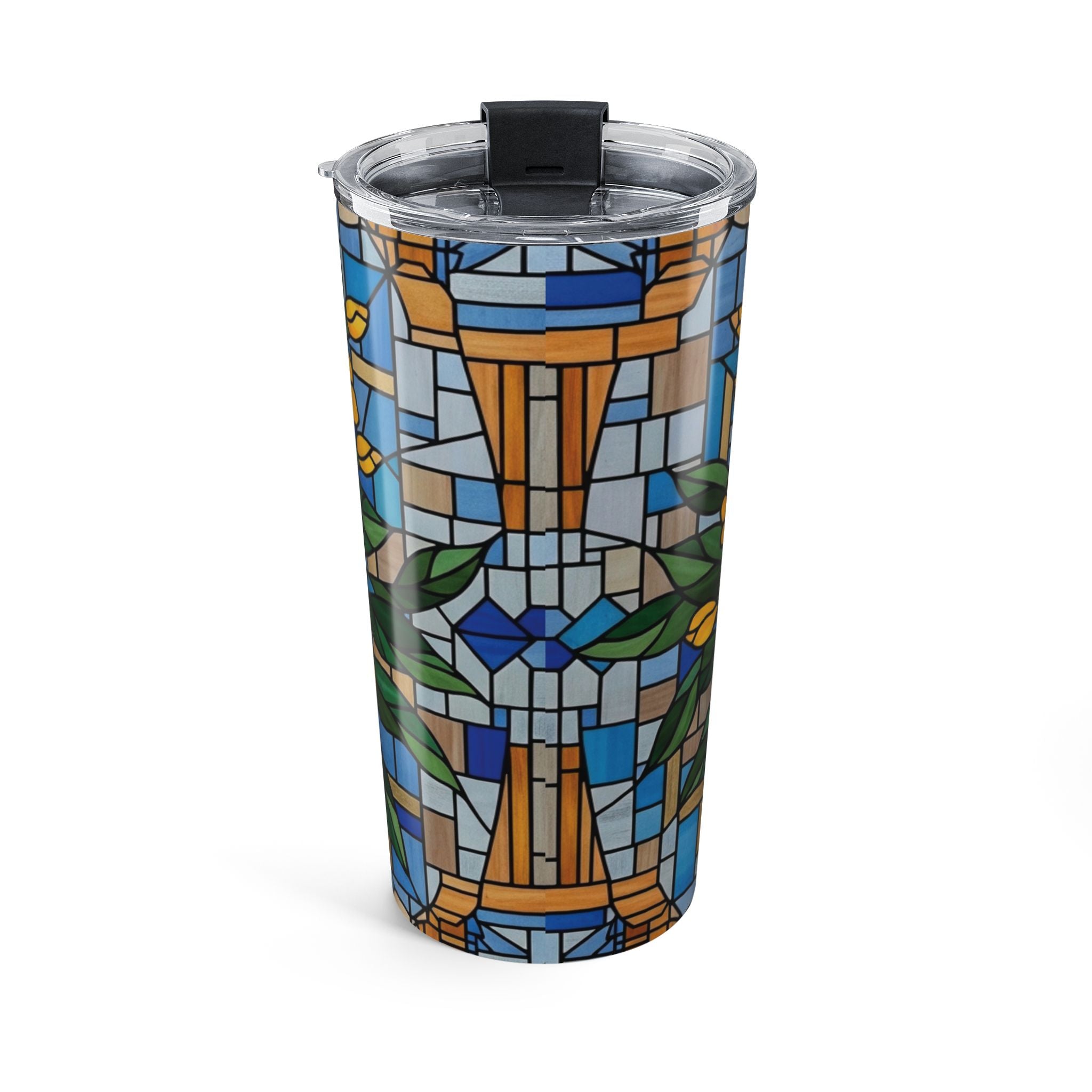 Side view of the golden stained glass floral tumbler showing the mosaic design wrapping around